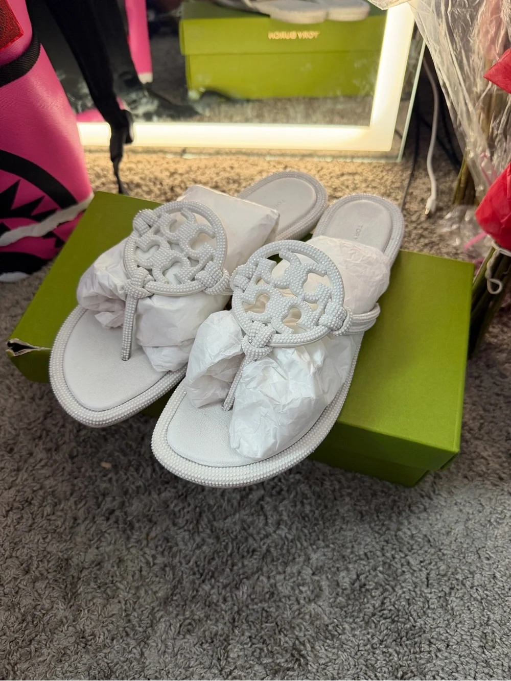 Tory Burch White Braided Logo Thong Sandals